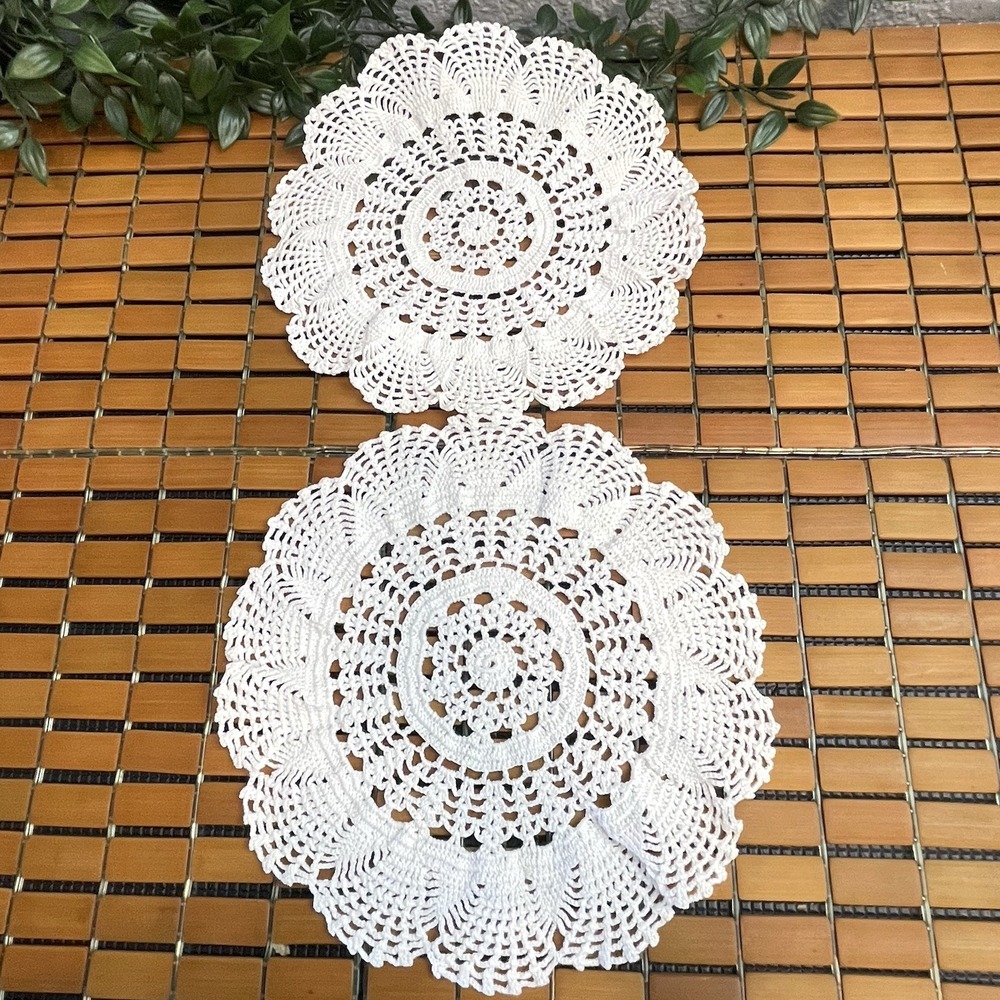 Vintage White Crochet Doilies Pair Round Cotton Lace Boho Cottagecore Decor 11"